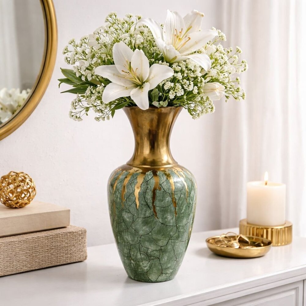 Vintage Green & Gold Brass Vase With Crackled Design 12" Tall Unique Decorative